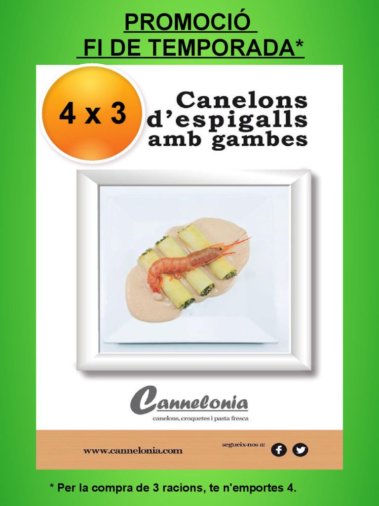 Promoció Cannelonia, canelons espigalls i gambes, canelons gambes, canelones de gambes, canelosn gambes i espigalls, canelons espigalls, canelons tradicionals, canelons vilanova, canelosn de espigalls, canelons de gambes