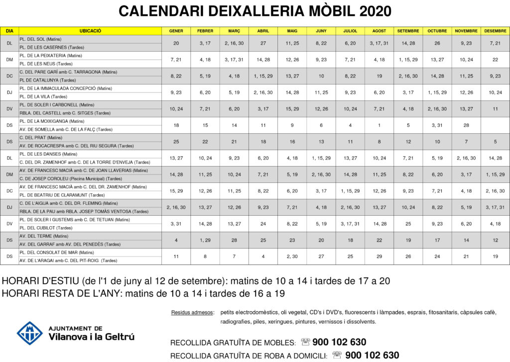 Calendari deixalleria mòbil 2020