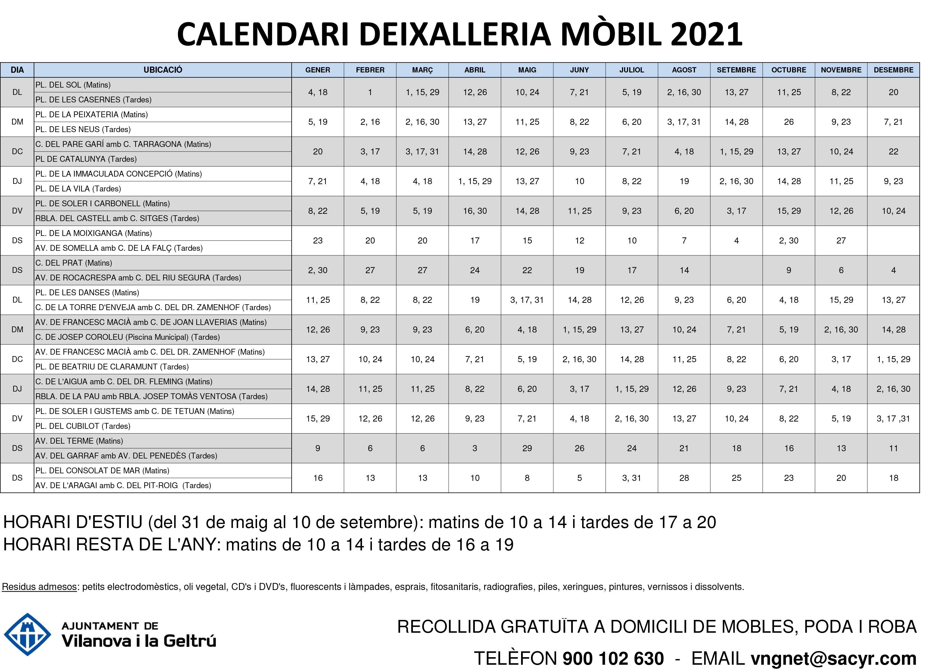 Calendari deixalleria mòbil 2021